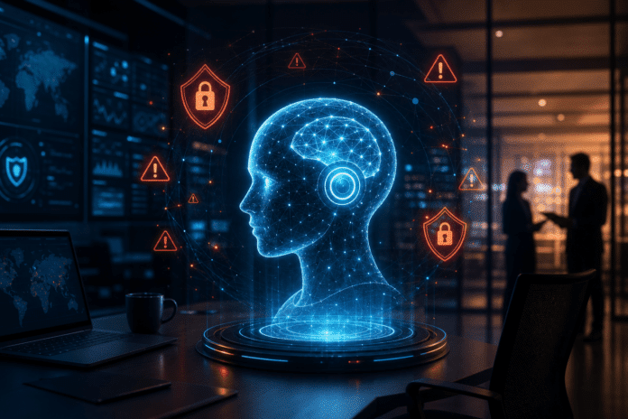 AI agent security concept: glowing digital brain inside corporate office with warning indicators