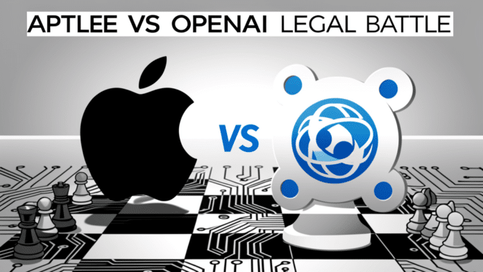 Apple and OpenAI logos facing each other like chess pieces over circuit board courtroom legal battle corporate editorial illustration