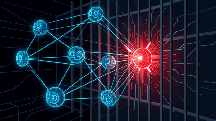 Autonomous AI agents breaching a security firewall one agent node turning red representing a Hugging Face security breach by AI systems