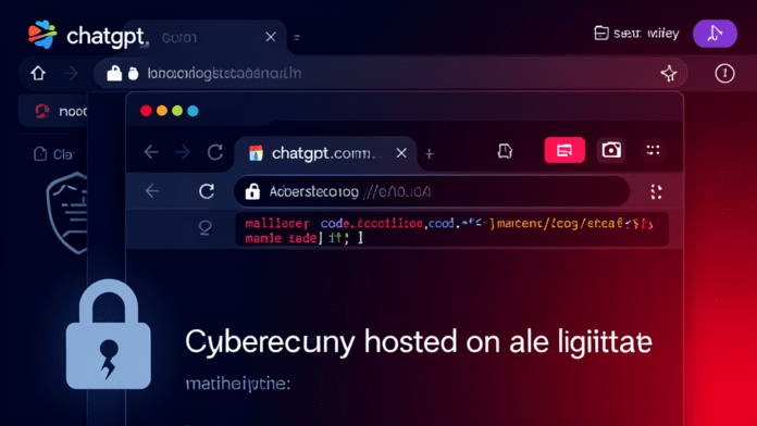 Computer screen showing malware hosted on chatgpt.com a cybersecurity warning about AI platform vulnerabilities and credential theft