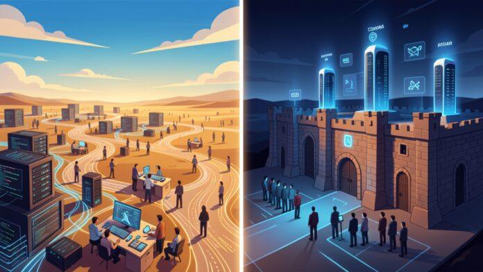 Digital illustration showing two paths for AI development open ecosystem vs closed fortress