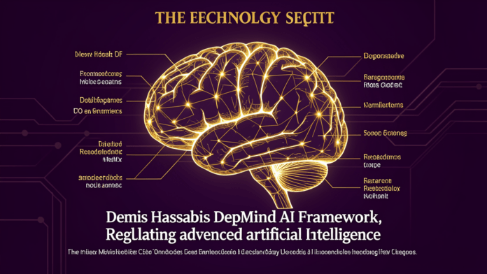 Demis Hassabis DeepMind CEO frontier AI framework concept glowing brain network with regulatory document overlay editorial illustration