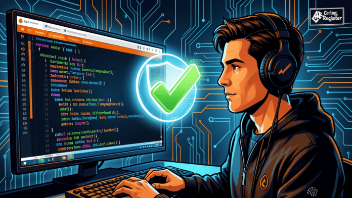 Developer using AI coding assistant with automatic approval checkmark appearing without review GhostApproval vulnerability cybersecurity editorial