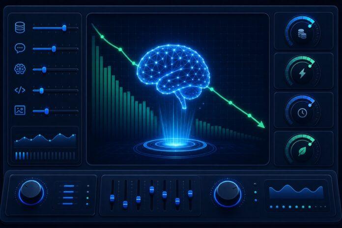 Digital illustration showing a futuristic control panel with AI brain icon and downward cost trend graph