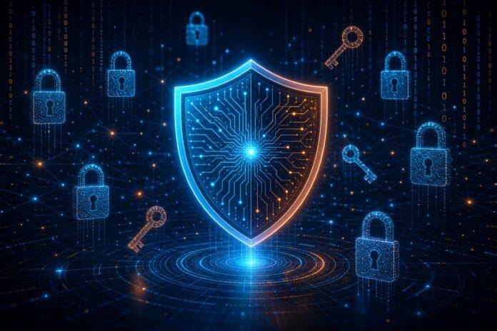 A glowing digital shield surrounded by padlocks and binary code representing AI agent security