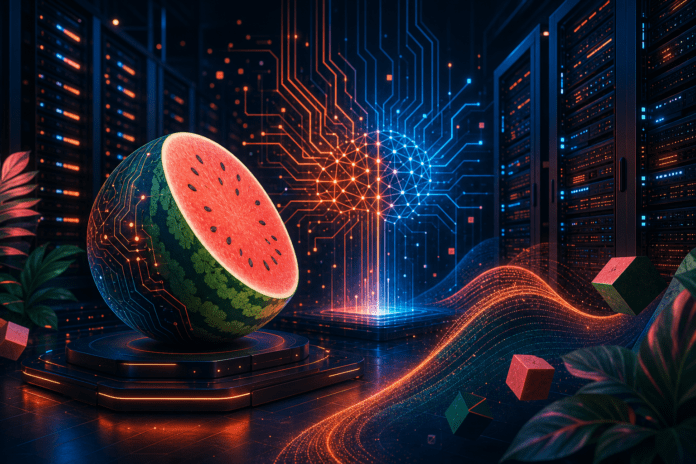 Meta Watermelon AI model matching GPT-5.5 performance frontier AI competition editorial illustration