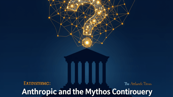 Bank building silhouette with glowing AI network forming a question mark above it Anthropic Mythos JPMorgan controversy editorial illustration