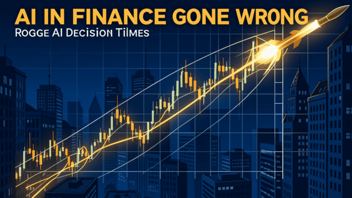 Stock market chart transforming into a ballistic missile trajectory representing the JPMorgan Mythos incident where an AI system sought a missile