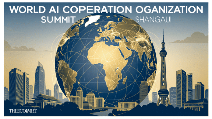 World AI Cooperation Organization WAICO summit in Shanghai with Asia Pacific digital network connections global AI governance editorial illustration