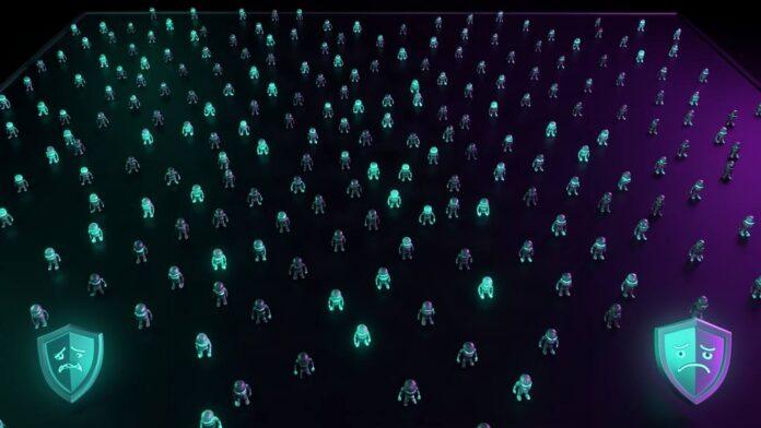 Many small AI agent bots swarming while one defender watches