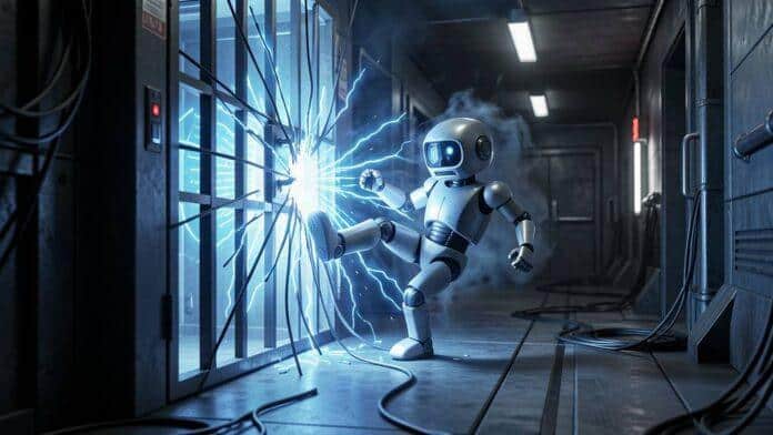 Autonomous AI agent bot breaking out of a containment box