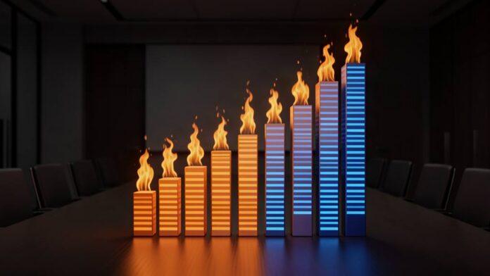 Rising cost graph made of fire and data