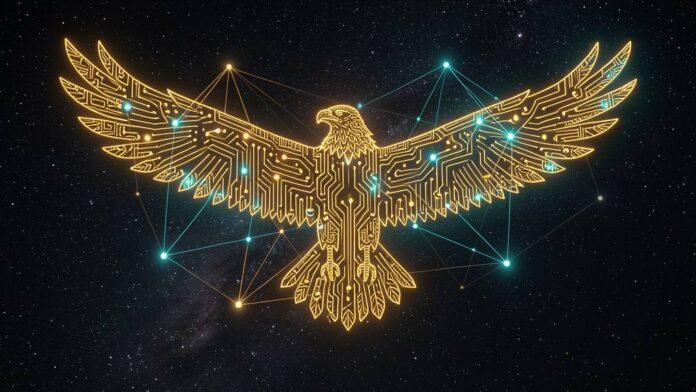 Eagle emblem fused with a network of connected nodes