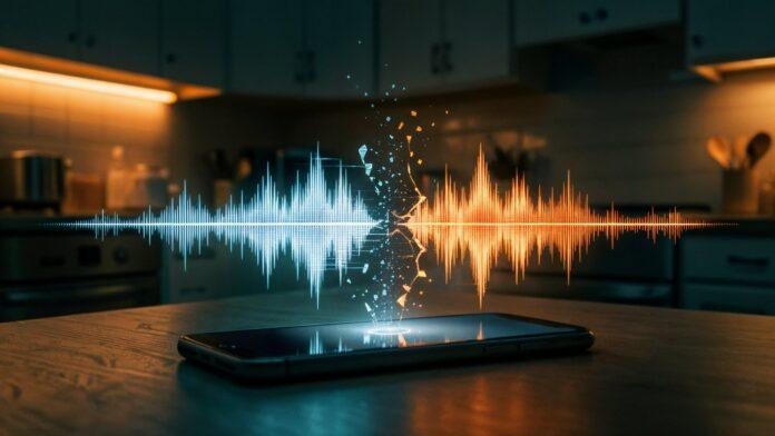 Audio waveform from a phone splitting into a glitching duplicate, representing an AI cloned voice