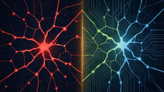 Conceptual illustration of a cracked network repaired into a clean one, representing AI on both sides of cyber security