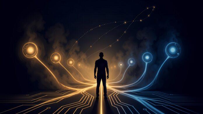 Conceptual illustration of six branching paths of AI risk leading away from a silhouetted figure