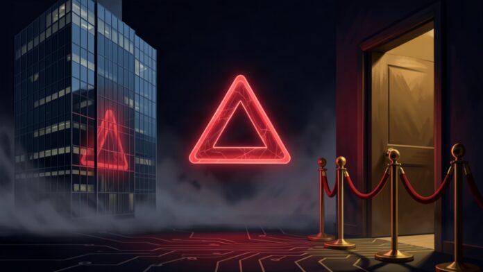 Conceptual illustration of a corporate tower and a velvet rope barrier with a warning triangle, representing AI regulation and regulatory capture