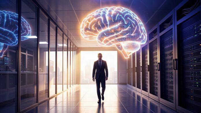 Illustration: a man walking down a server corridor toward a glowing brain