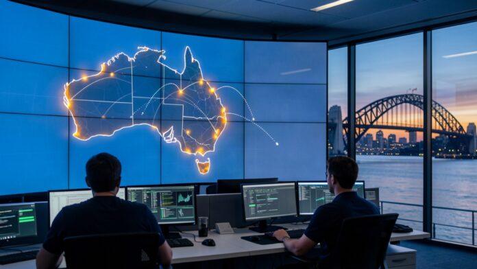 Australian cyber security operations centre at dusk with an AI threat-warning map of Australia on the video wall and the Sydney Harbour Bridge through the window