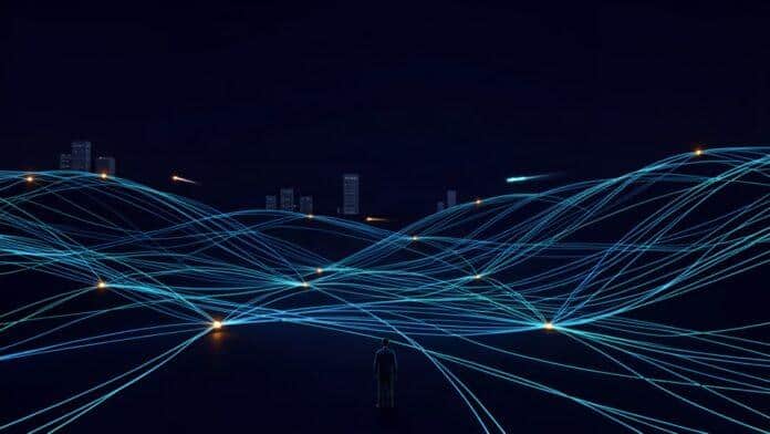 A person looking across a glowing network of connections, representing the future internet and AI agents.