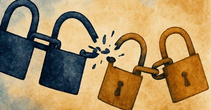 Illustration: a chain of linked padlocks breaking open one after another
