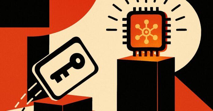 Illustration: a password key card falling from a podium while a glowing AI chip rises