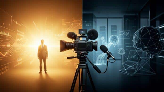 Editorial illustration showing a balanced debate about AI documentary film, with optimistic and critical perspectives bridged by a film camera