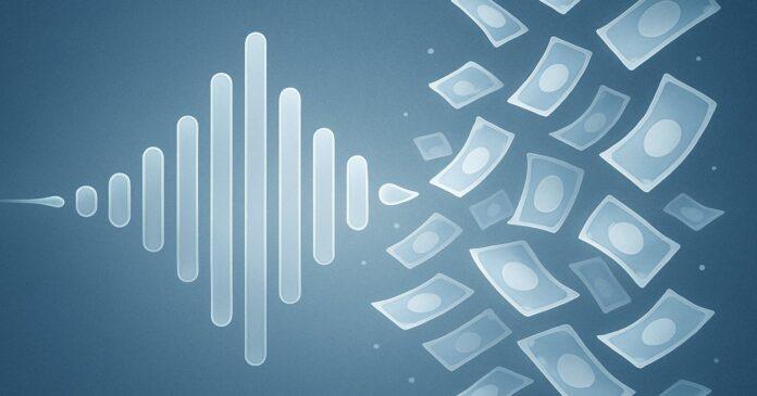 Illustration: a sound waveform turning into a stream of falling banknote shapes