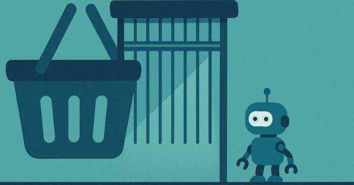 Illustration: a closing gate between a shopping basket shape and a small abstract robot, no brand marks