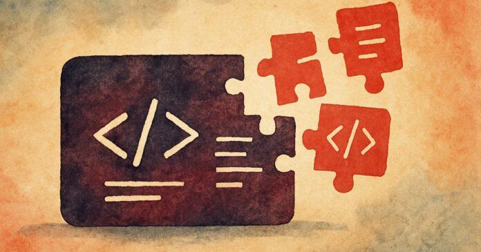 Illustration: a broken code module reassembling itself like puzzle pieces, red and dark grey palette