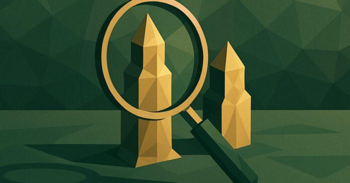 Illustration: a magnifying glass over two abstract tower shapes on a regulator's desk