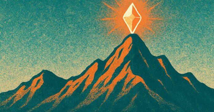 Illustration: a stylised mountain ridge with a glowing gem-like crystal at its peak