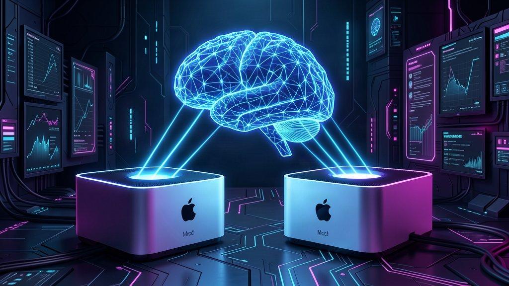 Meta Muse Spark Open on Apple Mac Studio Two Mac Studio computers connected by glowing light beams forming an AI neural network