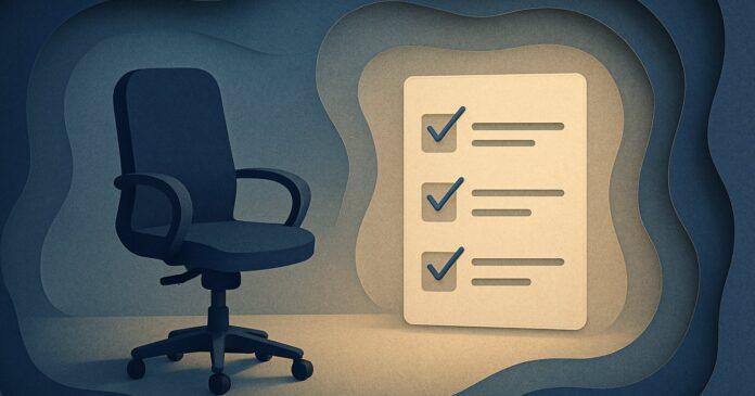 Illustration: an empty desk chair beside a softly glowing task list that keeps ticking itself off