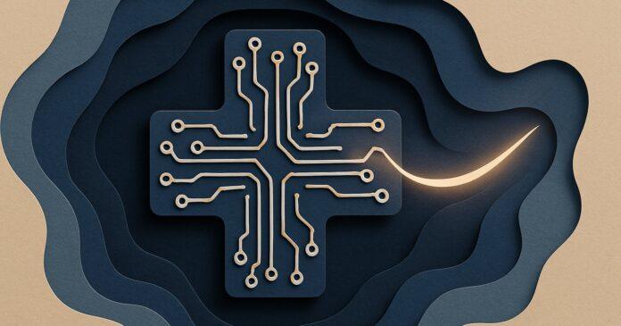 Illustration: a stylised health cross made of circuit traces with a small intruding light trail