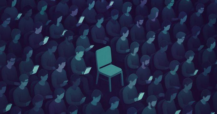 Illustration: a large crowd of small figures each holding a glowing tablet, one empty seat
